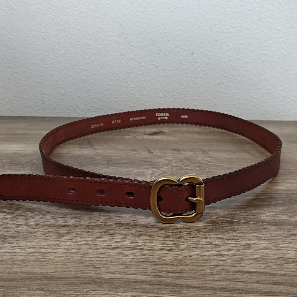 Fossil Scalloped Leather Belt Women Large Cognac Brown Brass Buckle BT4028 200